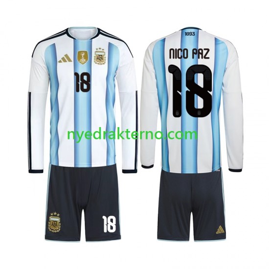 Argentina Fotballdrakt Nico Paz 18 Barn Hjemmedraktsett Fotball-VM 2026 Langermet